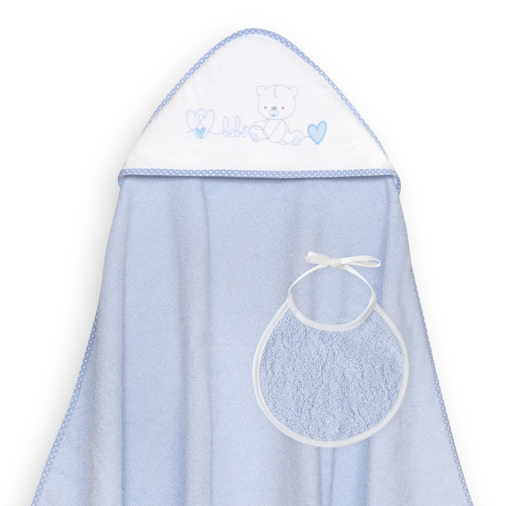 Toalha de banho 100X100 + Babete Corazones Bebe Osito Azul  Interbaby