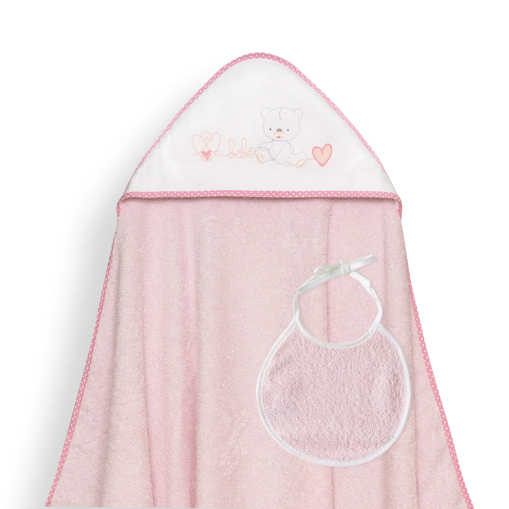 Toalha de banho 100X100 + Babete Corazones Bebe Osito Rosa  Interbaby