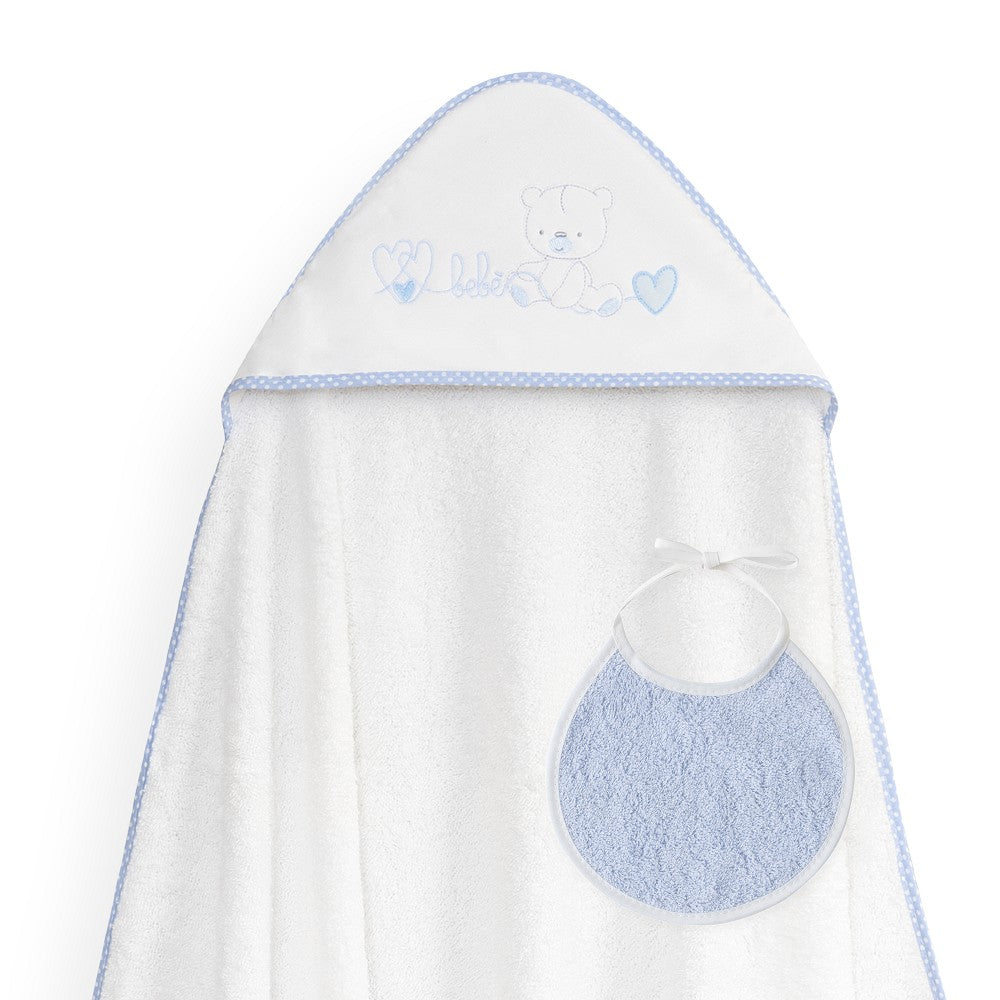 Toalha de banho 100X100 + Babete Corazones Bebe Osito Azul Interbaby