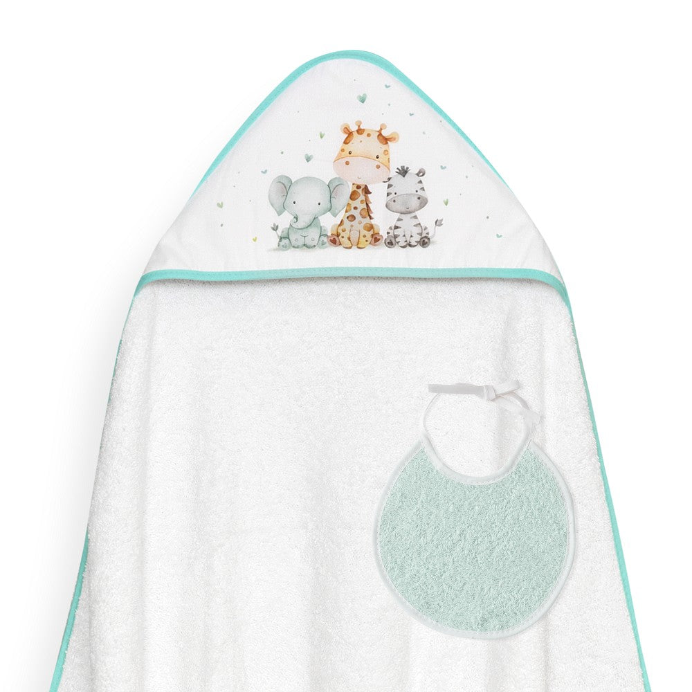 Toalha de banho 100X100 + Babete Jirafa Elefante Verde Interbaby