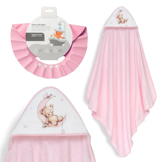 Toalha de Banho Urso Lua e Estrelas + Gorro anti-água Rosa Interbaby