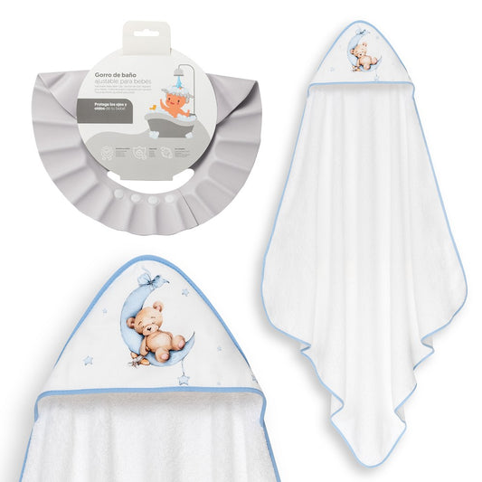 Toalha de Banho Urso Lua e Estrelas + Gorro anti-água Branco/Azul Interbaby
