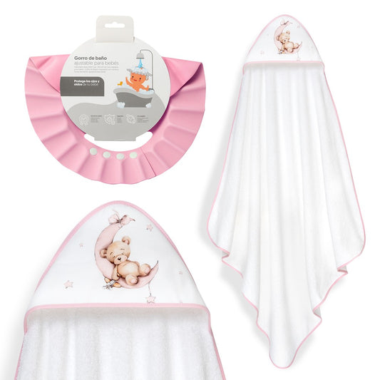 Toalha de Banho Bear Lua e Estrelas + Gorro anti-água Branco/Rosa Interbaby