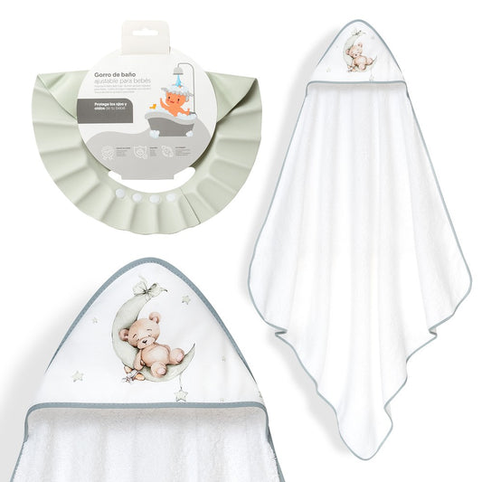 Toalha de Banho Urso Lua e Estrelas + Gorro anti-água Branco/Verde Interbaby