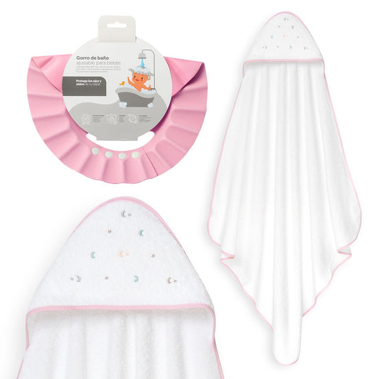 Toalha de Banho Estrelas e Lua Multicolorida + Gorro anti-água Branco/Rosa Interbaby