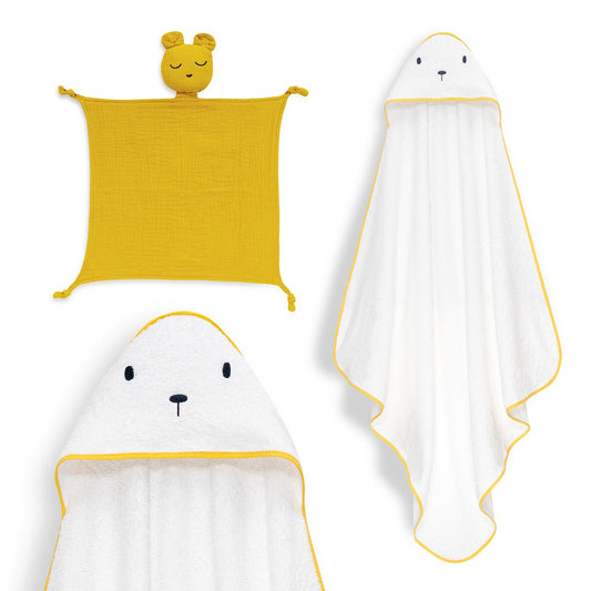 Toalha de Banho Bear + Doudou Musselina Branco/Amarela Interbaby