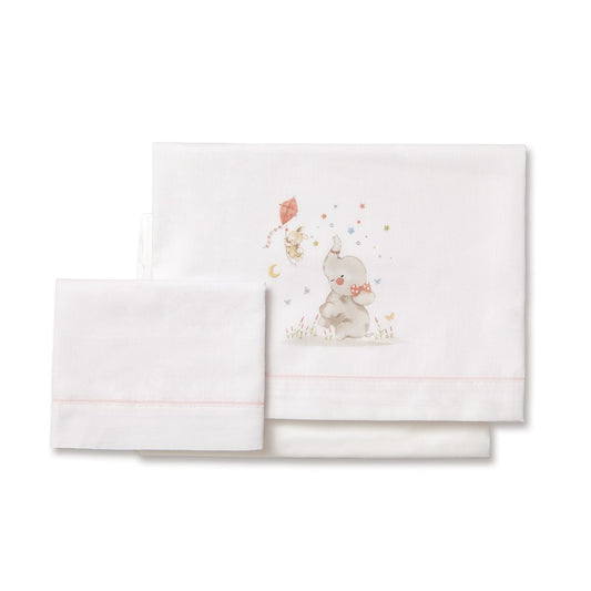 Jogo 3Pcs Cadeira Passeio(Lençol106X72+Lençol.80X40X7+Almofada38X25+Chupetera)Algodão Elefante Rosa Interbaby