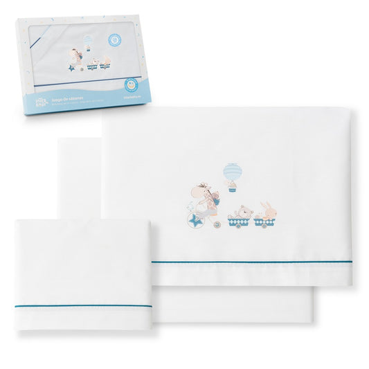 Jogo 3Pcs Cadeira Passeio(Lençol106X72+Lençol B.80X40X7+Almofada38X25+Chupeter)Algodão Jirafa Petrol Interbaby