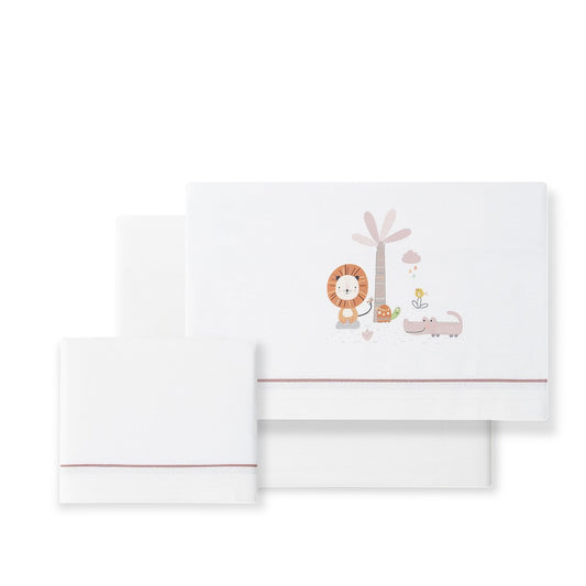 Jogo 3Pcs Cadeira Passeio(Lençol106X72+Lençol.80X40X7+Almofada38X25+Chupetera)Algodão Leon Rosaesc. Interbaby