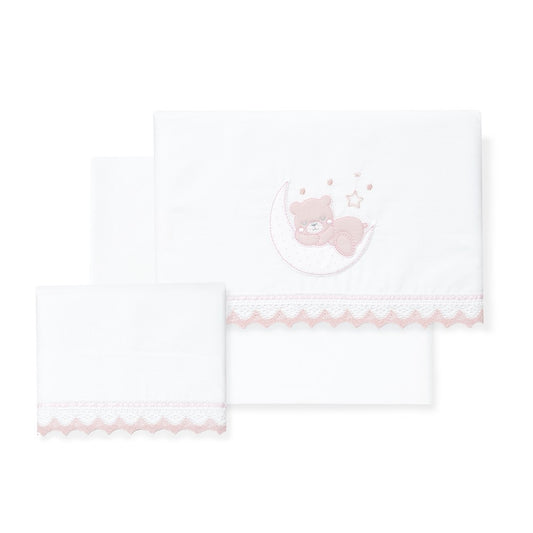 Jogo 3Pcs Cadeira Passeio(Lençol106X72+Lençol B.80X40X7+Almofada38X25)Algodão Oso Luna Rosa Interbaby