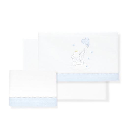 Jogo 3Pcs Cadeira Passeio(Lençol106X72+Lençol B.80X40X7+Almofada38X25)Algodão Elefante Azul Interbaby