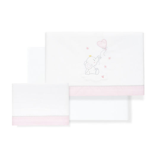 Jogo 3Pcs Cadeira Passeio(Lençol106X72+Lençol B.80X40X7+Almofada38X25)Algodão Elefante Rosa Interbaby