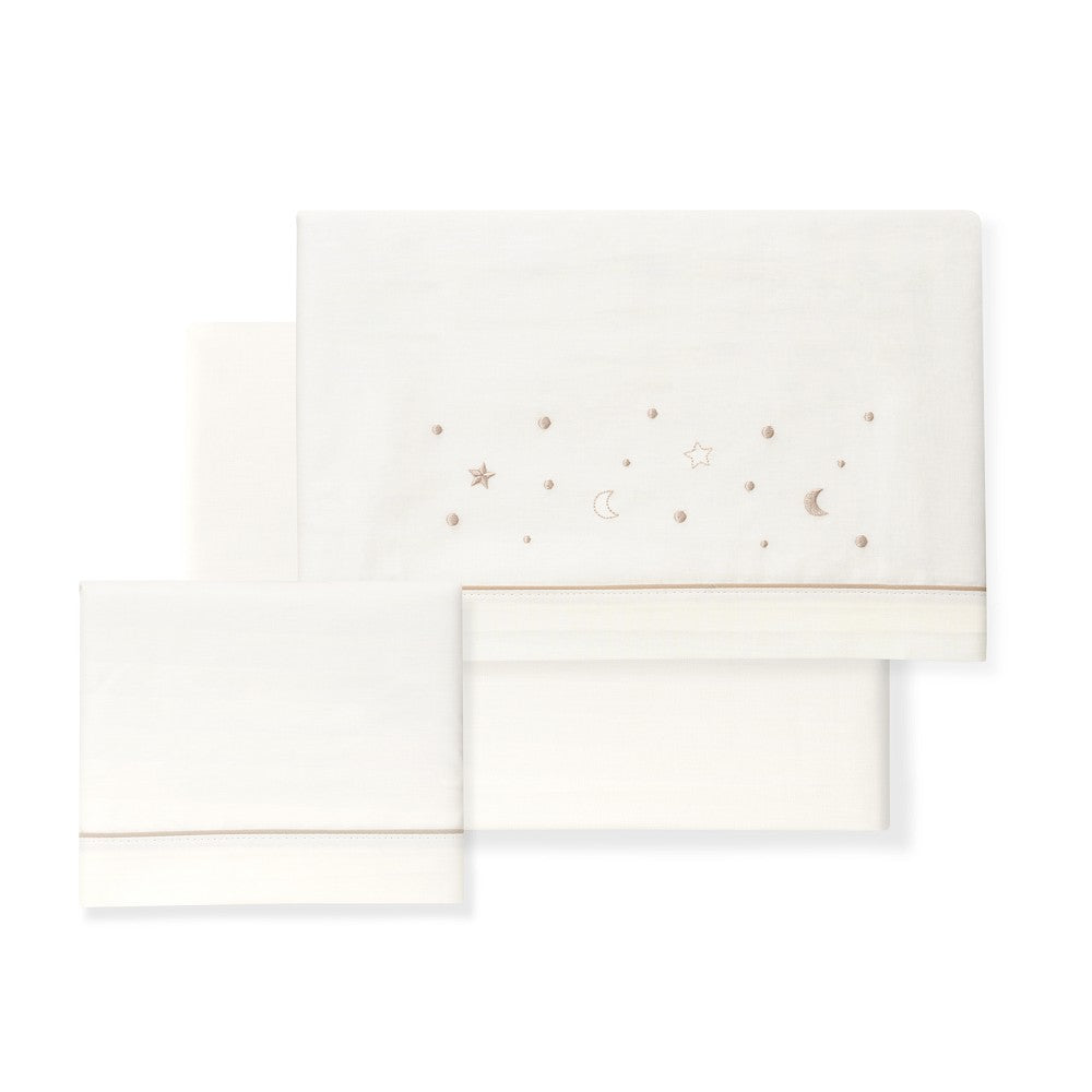 Jogo 3Pcs Cadeira Passeio(Lençol106X72+Lençol B.80X40X7+Almofada38X25)Algodão Estrellas Luna Bege Interbaby