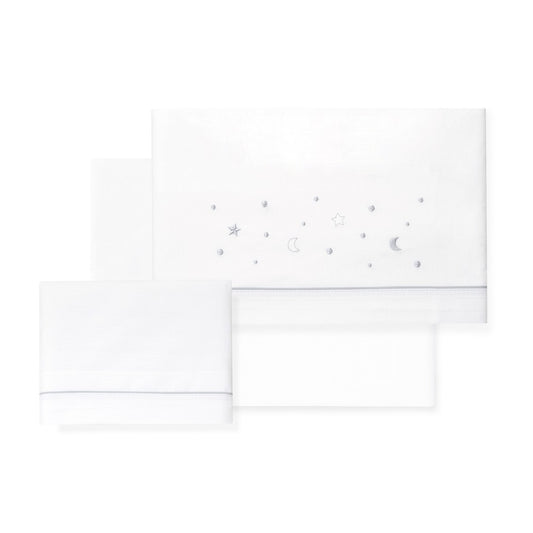 Jogo 3Pcs Cadeira Pass.(Lençol106X72+Lençol B.80X40X7+Almofada38X25)Algodão Estrella Luna Cinza Interbaby