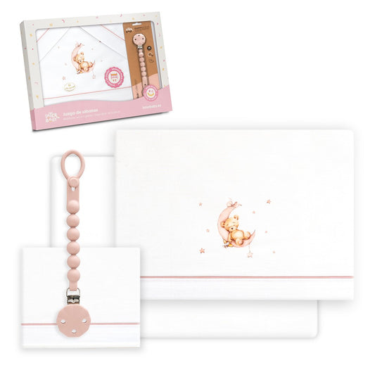 Conjunto para Berço Urso Lua e Estrelas + Porta-chupetas Branco/Rosa Interbaby