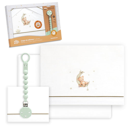 Conjunto para Berço Urso Lua e Estrelas + Porta-chupetas Branco/Verde Interbaby