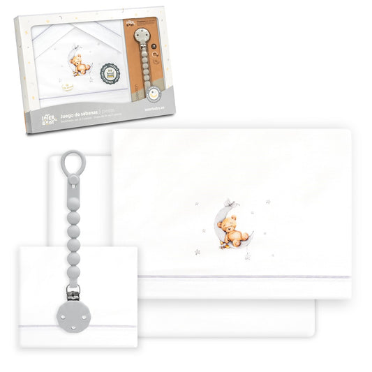 Conjunto para Berço Urso Lua e Estrelas + Porta-chupetas Branco/Cinza Interbaby