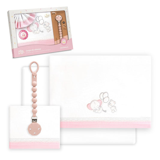 Conjunto para Berço Urso + Porta-chupetas Branco/Rosa Interbaby
