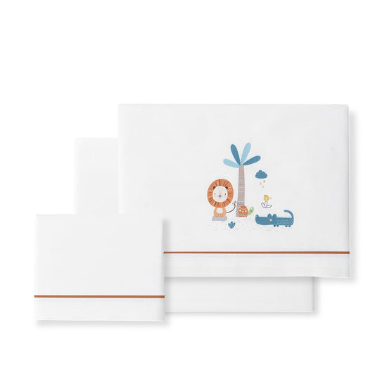 Jogo 3Pcs Berço(Lençol106X82+Lençol Colchão85X55X9+Almofada50X30+Chupetera)Algodão Leon P. Laranja Interbaby
