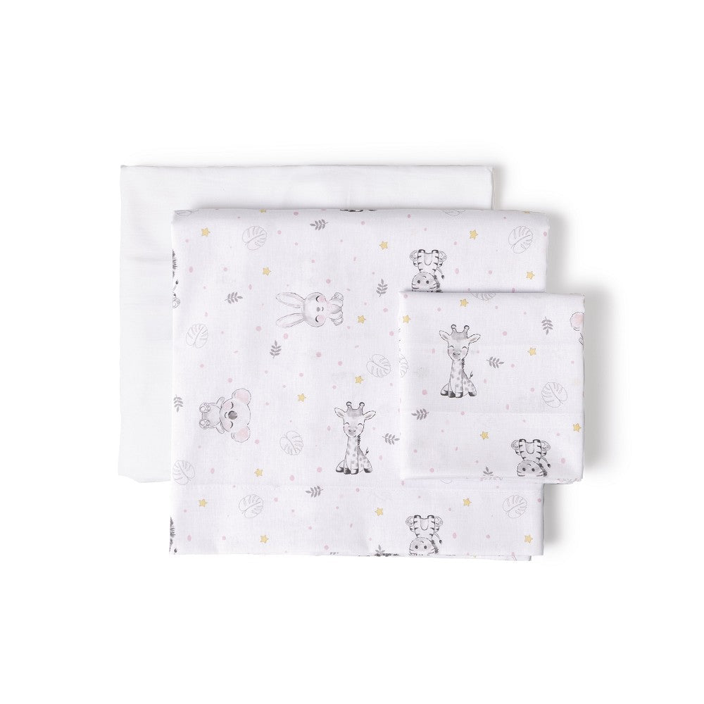 Jogo 3Pcs Berço(Lençol106X82+Lençol Colchão85X55X9+Almofada50X30+Chupetera)Algodão Koala Rosa Interbaby