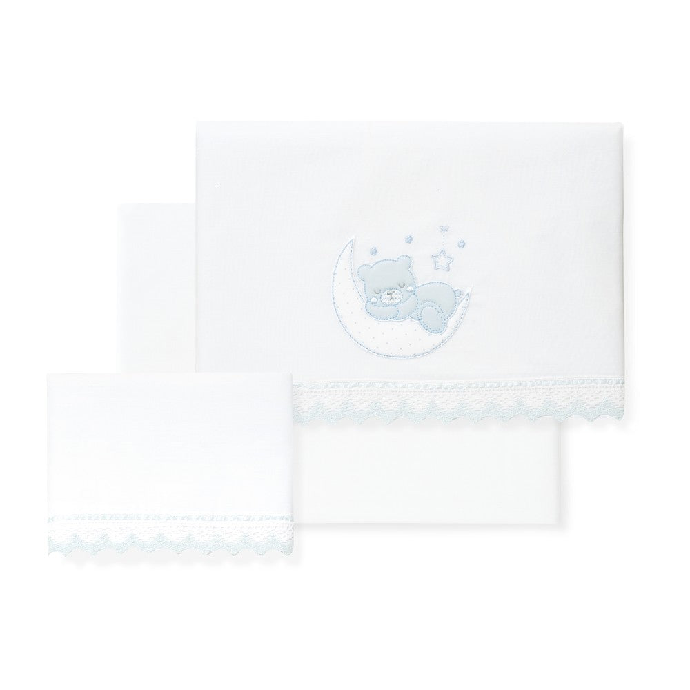 Jogo 3Pcs Berço(Lençol106X82+Lençol Colchão85X55X9+Almofada50X30) Algodão Oso Luna Azul Interbaby