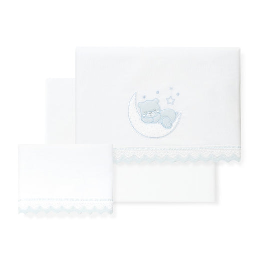 Jogo 3Pcs Berço(Lençol106X82+Lençol Colchão85X55X9+Almofada50X30) Algodão Oso Luna Azul Interbaby