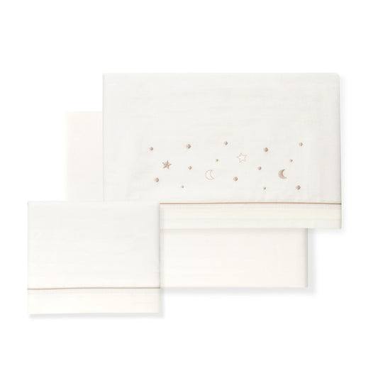 Jogo 3Pcs Berço(Lençol106X82+Lençol Colchão85X55X9+Almofada50X30) Algodão Estrellas/Luna Bege Interbaby