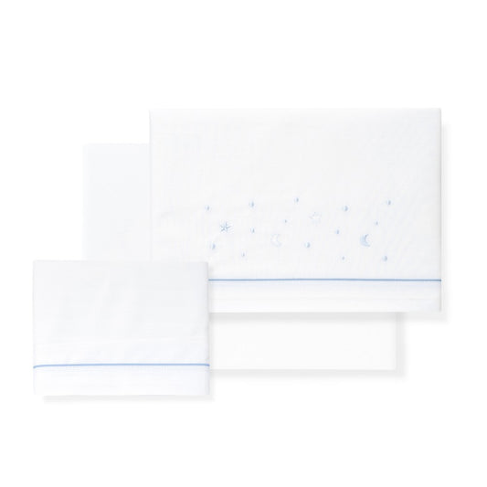 Jogo 3Pcs Berço(Lençol106X82+Lençol Colchão85X55X9+Almofada50X30) Algodão Estrellas/Luna Azul Interbaby