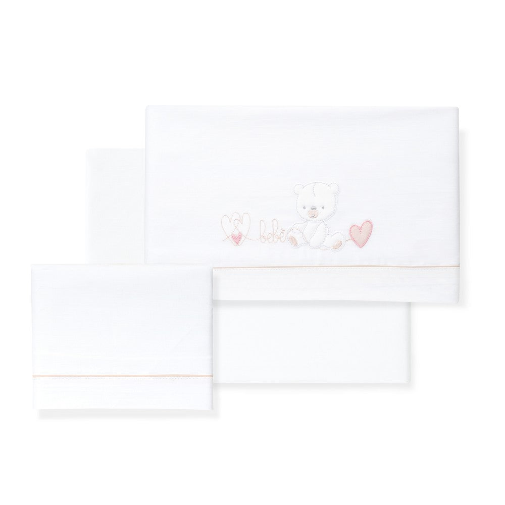 Jogo 3Pcs Berço(Lençol106X82+Lençol Colchão85X55X9+Almofada50X30) Algodão Corazon Oso Rosa Interbaby