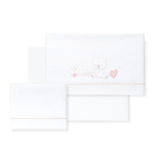 Jogo 3Pcs Berço(Lençol106X82+Lençol Colchão85X55X9+Almofada50X30) Algodão Corazon Oso Rosa Interbaby