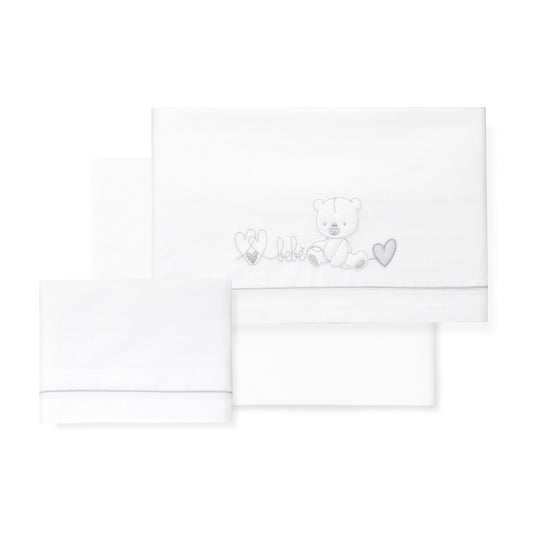 Jogo 3Pcs Berço(Lençol106X82+Lençol Colchão85X55X9+Almofada50X30) Algodão Corazon Oso Cinza Interbaby
