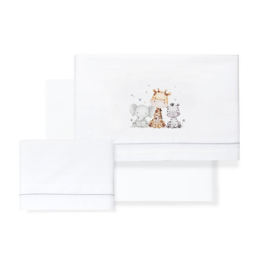 Jogo 3Pcs Berço(Lençol106X82+Lençol Colchão85X55X9+Almofada50X30) Algodão Jirafa/Elefante Cinza Interbaby