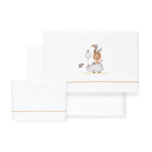 Jogo 3Pcs Berço(Lençol106X82+Lençol Colchão85X55X9+Almofada50X30) Algodão Rino/Leon Bege Interbaby