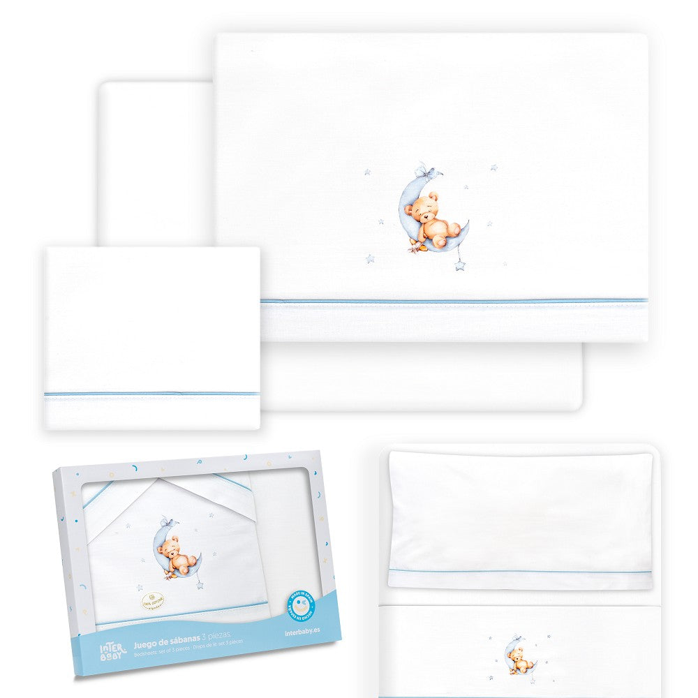Conjunto para Berço Urso Lua e Estrelas em Branco/Azul Interbaby