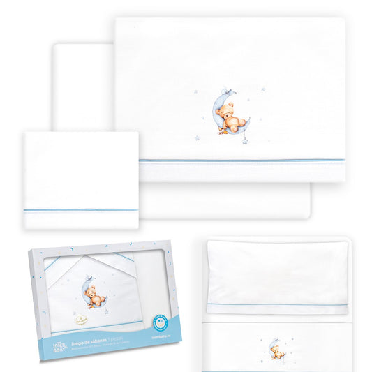 Conjunto para Berço Urso Lua e Estrelas em Branco/Azul Interbaby