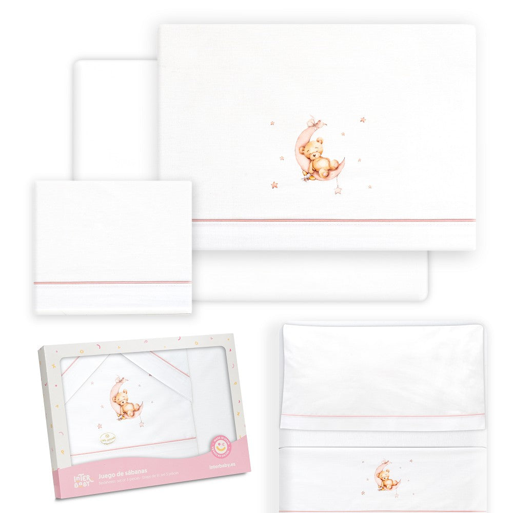 Conjunto para Berço Urso Lua e Estrelas em Branco/Rosa Interbaby