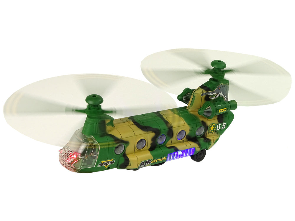 Helicóptero militar camuflado com luz som e rotação