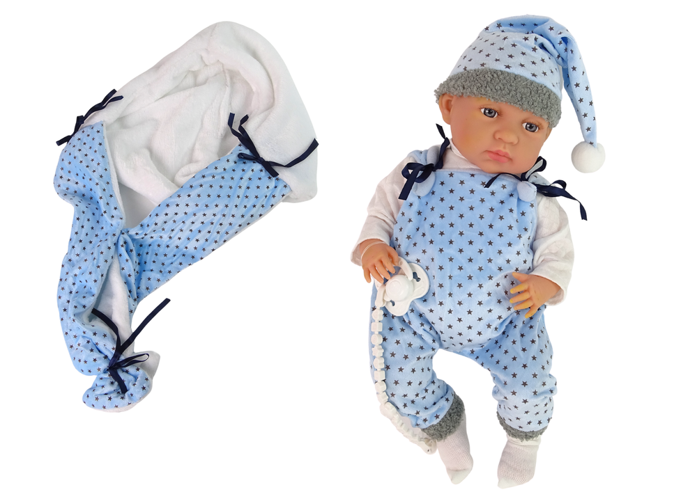 Boneco bebé 46 cm chupeta manta azul