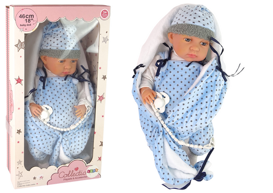 Boneco bebé 46 cm chupeta manta azul