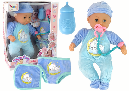 Boneco bebé som chupeta babete pijama azul