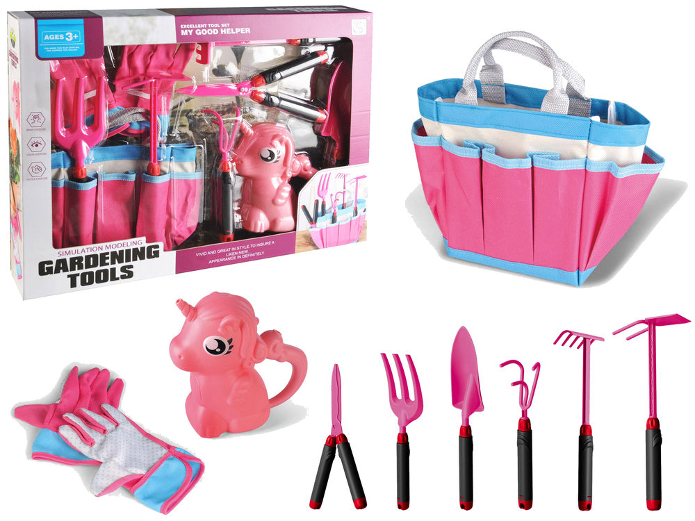 Kit jardim saco ferramentas ancinho rosa unicórnio