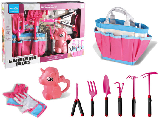 Kit jardim saco ferramentas ancinho rosa unicórnio