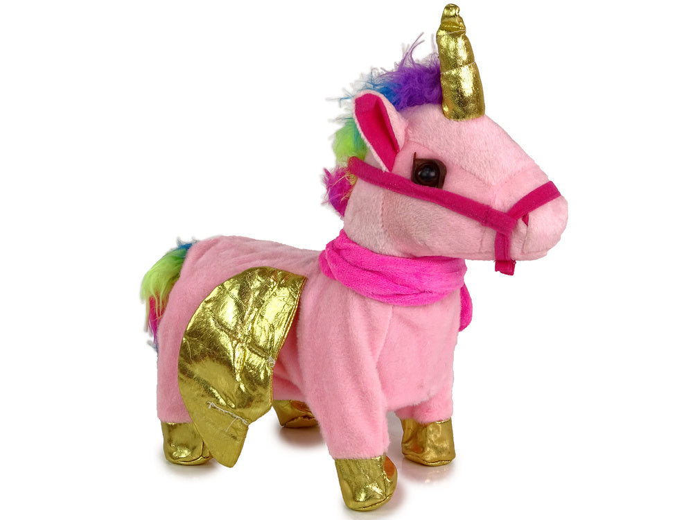 Cavalo peluche interativo rosa asas douradas som