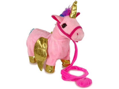 Cavalo peluche interativo rosa asas douradas som