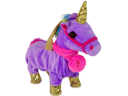 Unicórnio peluche interativo roxo asas douradas