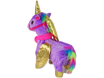 Unicórnio peluche interativo roxo asas douradas