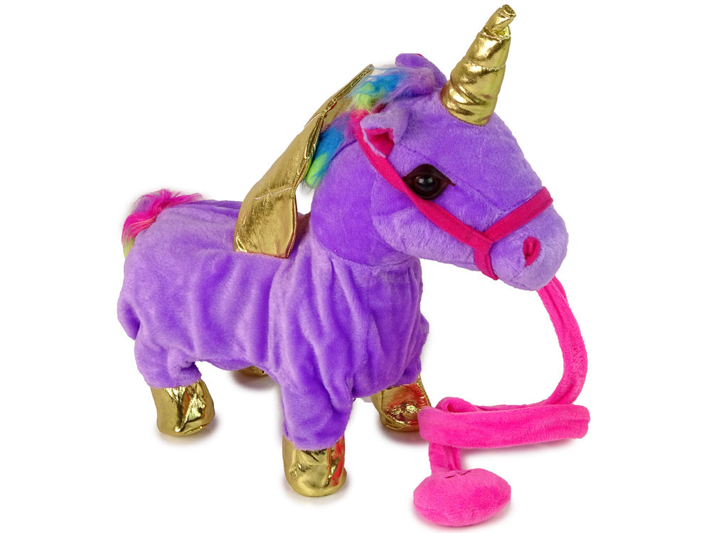 Unicórnio peluche interativo roxo asas douradas