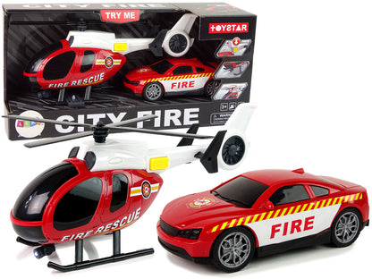 Helicóptero e carro bombeiros luz som