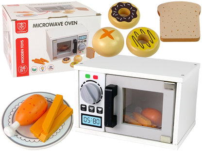 Micro-ondas madeira brinquedo com alimentos