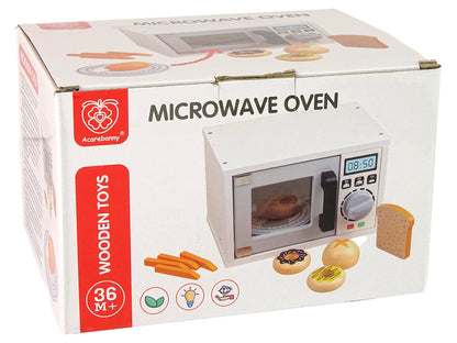 Micro-ondas madeira brinquedo com alimentos